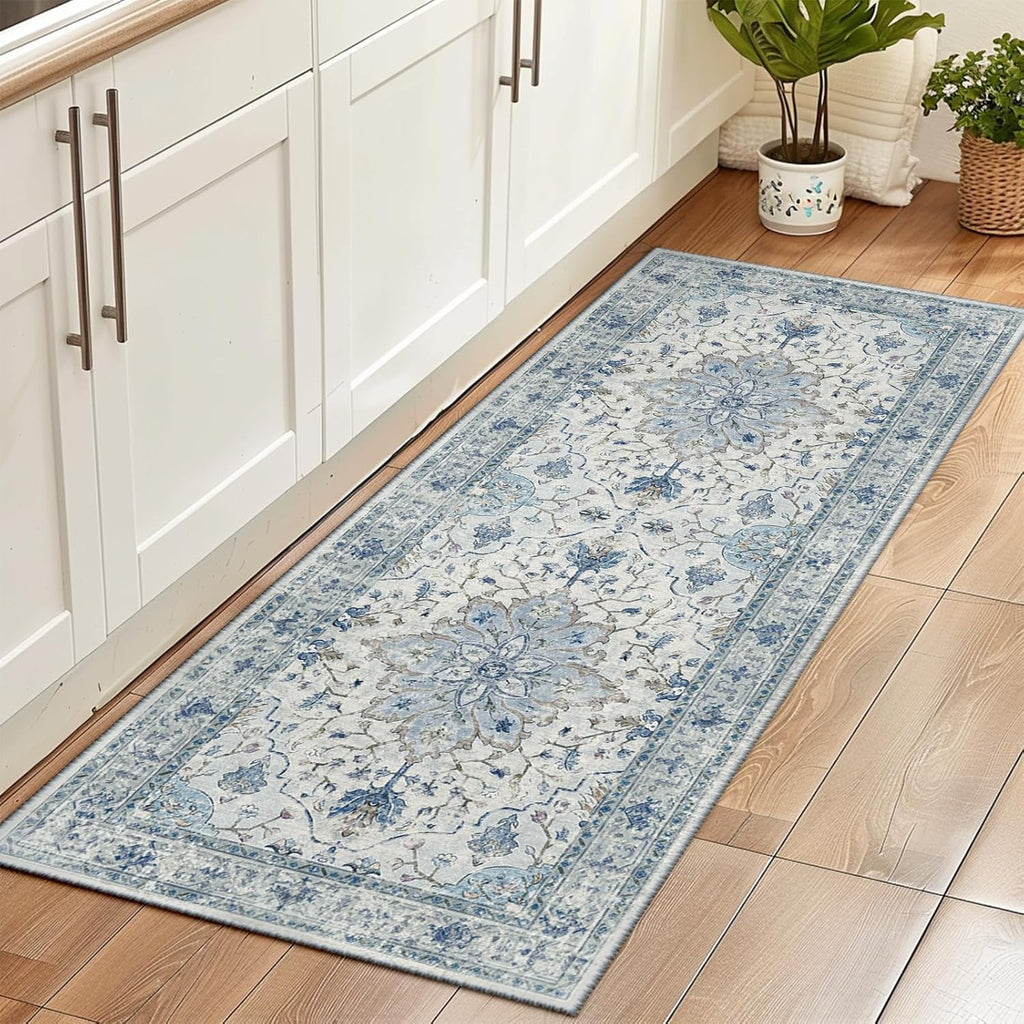 Area Rugs Washable Non-Slip, Floral Vintage Distress Print Pattern Medallion Carpet for Living Room Bedroom Dining Room