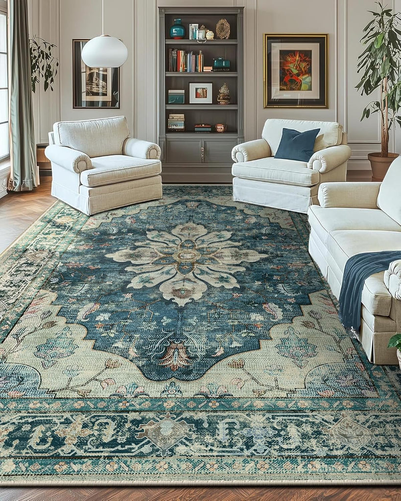 Area Rugs Washable Non-Slip, Floral Vintage Distress Print Pattern Medallion Carpet for Living Room Bedroom Dining Room