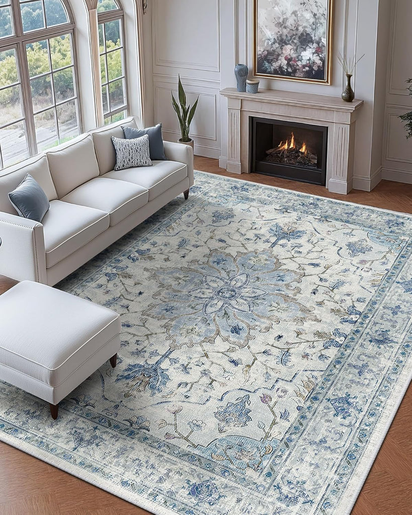 Area Rugs Washable Non-Slip, Floral Vintage Distress Print Pattern Medallion Carpet for Living Room Bedroom Dining Room