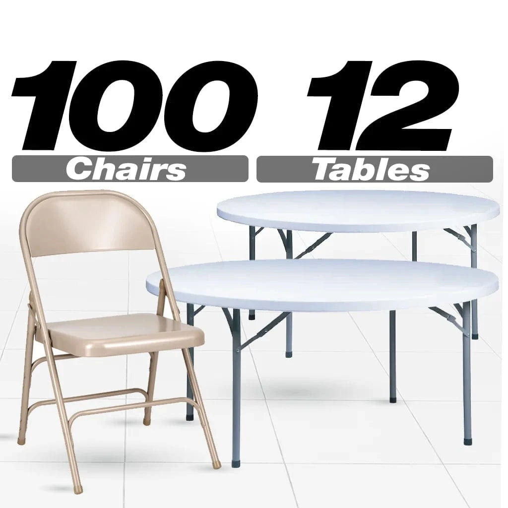 100 Metal Folding Chairs + 12 Plastic Round Table Kit