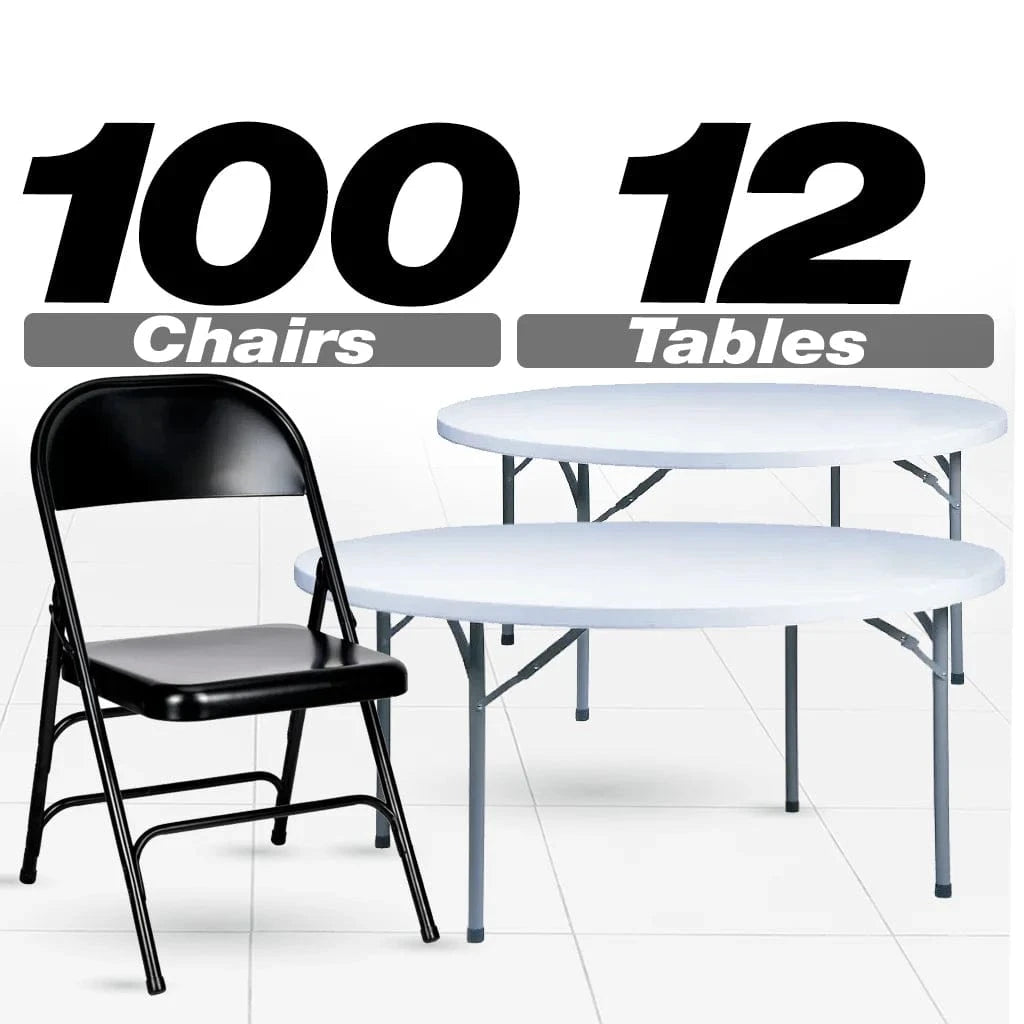 100 Metal Folding Chairs + 12 Plastic Round Table Kit