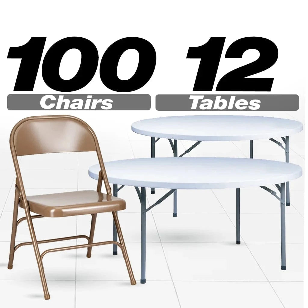 100 Metal Folding Chairs + 12 Plastic Round Table Kit