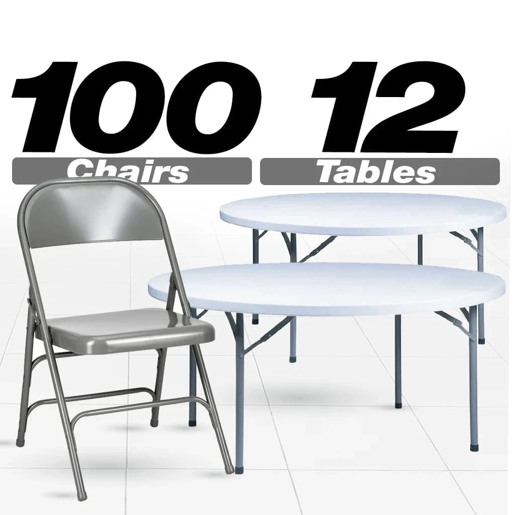 100 Metal Folding Chairs + 12 Plastic Round Table Kit