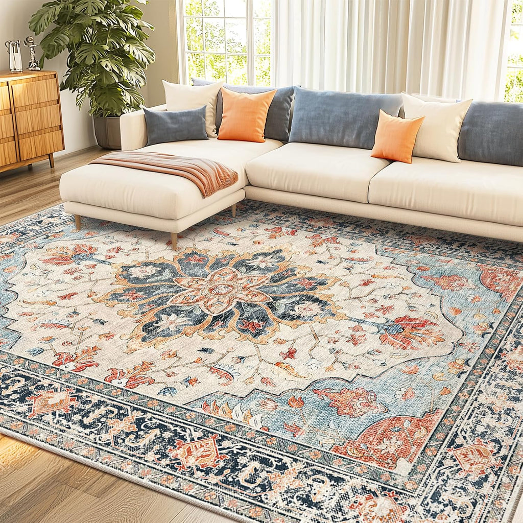 Area Rugs Washable Non-Slip, Floral Vintage Distress Print Pattern Medallion Carpet for Living Room Bedroom Dining Room