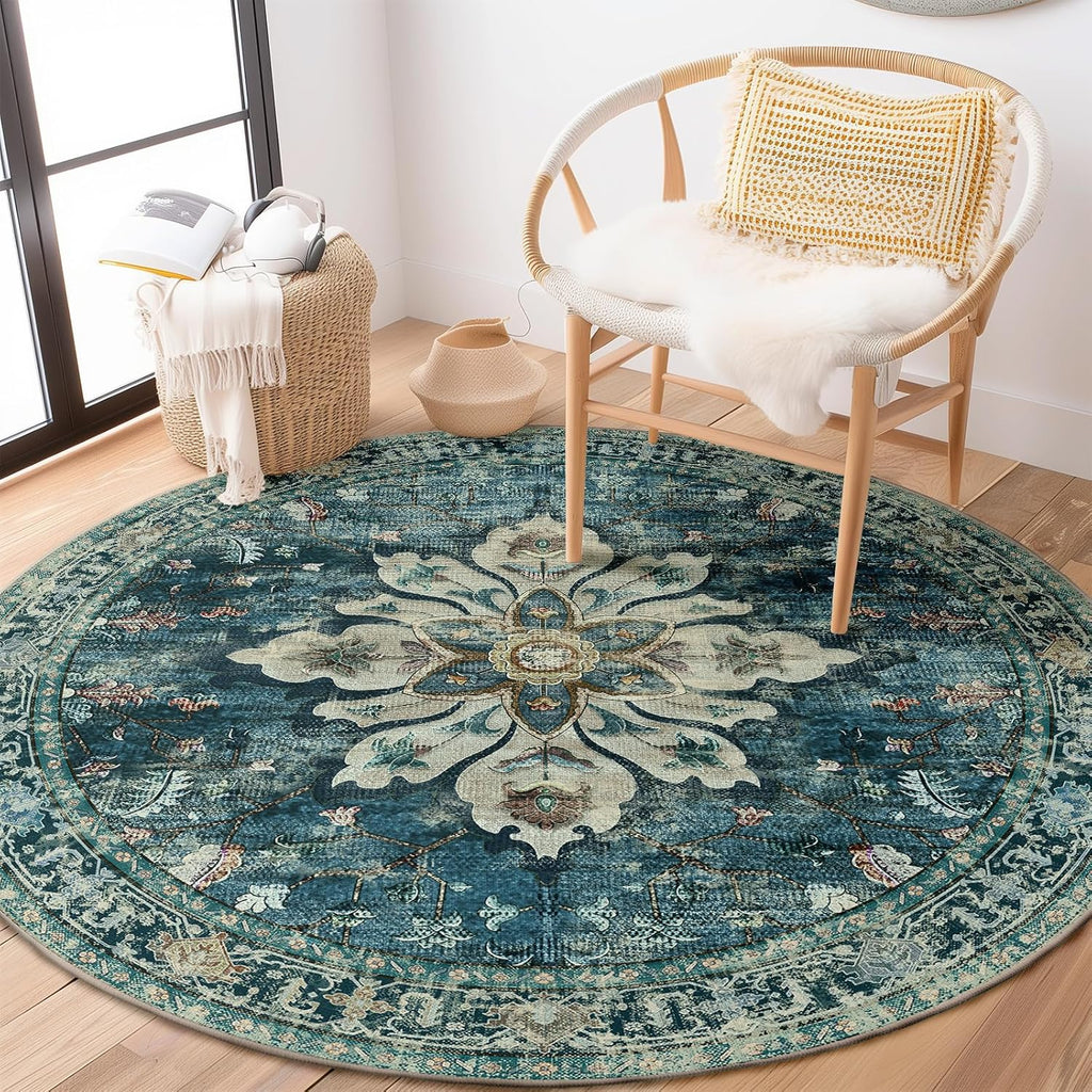 Area Rugs Washable Non-Slip, Floral Vintage Distress Print Pattern Medallion Carpet for Living Room Bedroom Dining Room