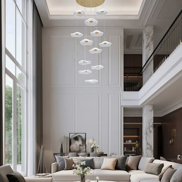 118" Long Staircase Chandelier For High Ceilings, Dimmable Modern Gold Led Pendant Lights With Lotus Leaf Shade,Gold Linear Spiral Chandelier For Foyer Entryway Double-Heigh