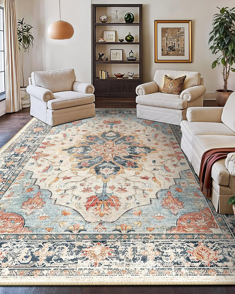 Area Rugs Washable Non-Slip, Floral Vintage Distress Print Pattern Medallion Carpet for Living Room Bedroom Dining Room