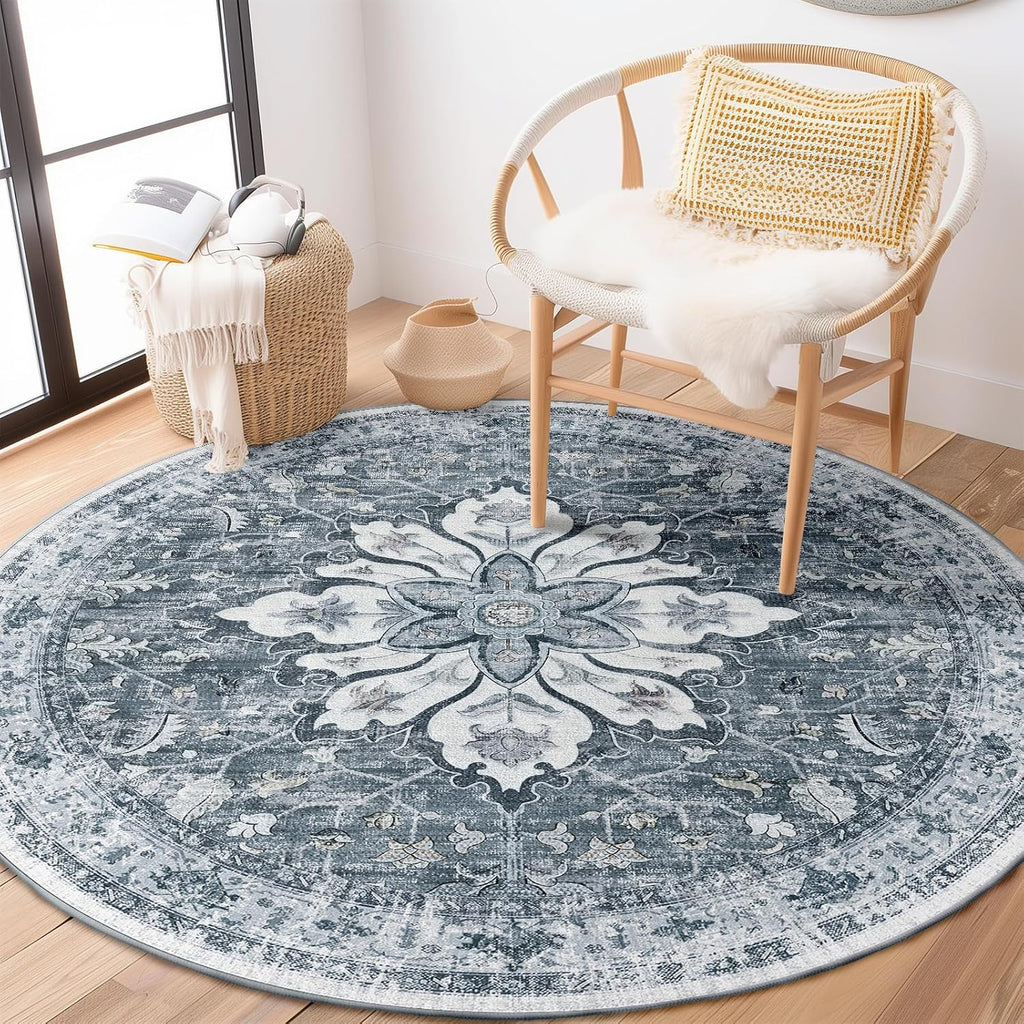 Area Rugs Washable Non-Slip, Floral Vintage Distress Print Pattern Medallion Carpet for Living Room Bedroom Dining Room