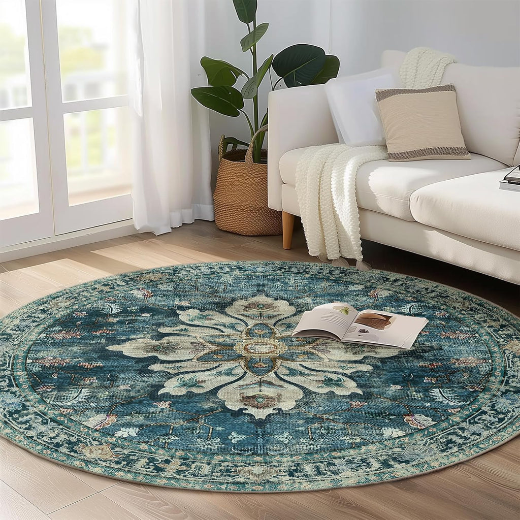 Area Rugs Washable Non-Slip, Floral Vintage Distress Print Pattern Medallion Carpet for Living Room Bedroom Dining Room
