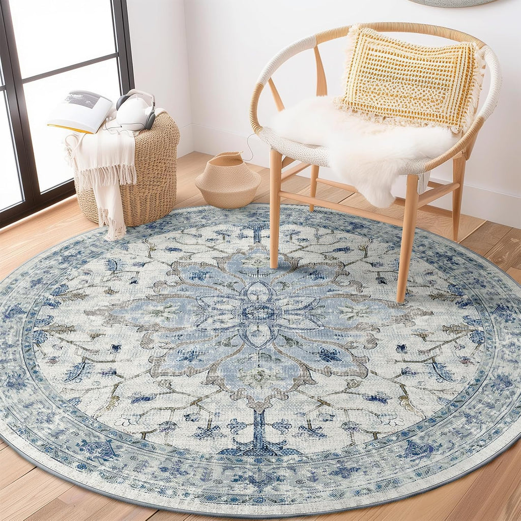 Area Rugs Washable Non-Slip, Floral Vintage Distress Print Pattern Medallion Carpet for Living Room Bedroom Dining Room