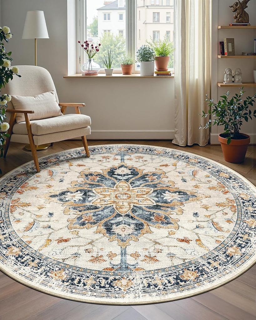 Area Rugs Washable Non-Slip, Floral Vintage Distress Print Pattern Medallion Carpet for Living Room Bedroom Dining Room