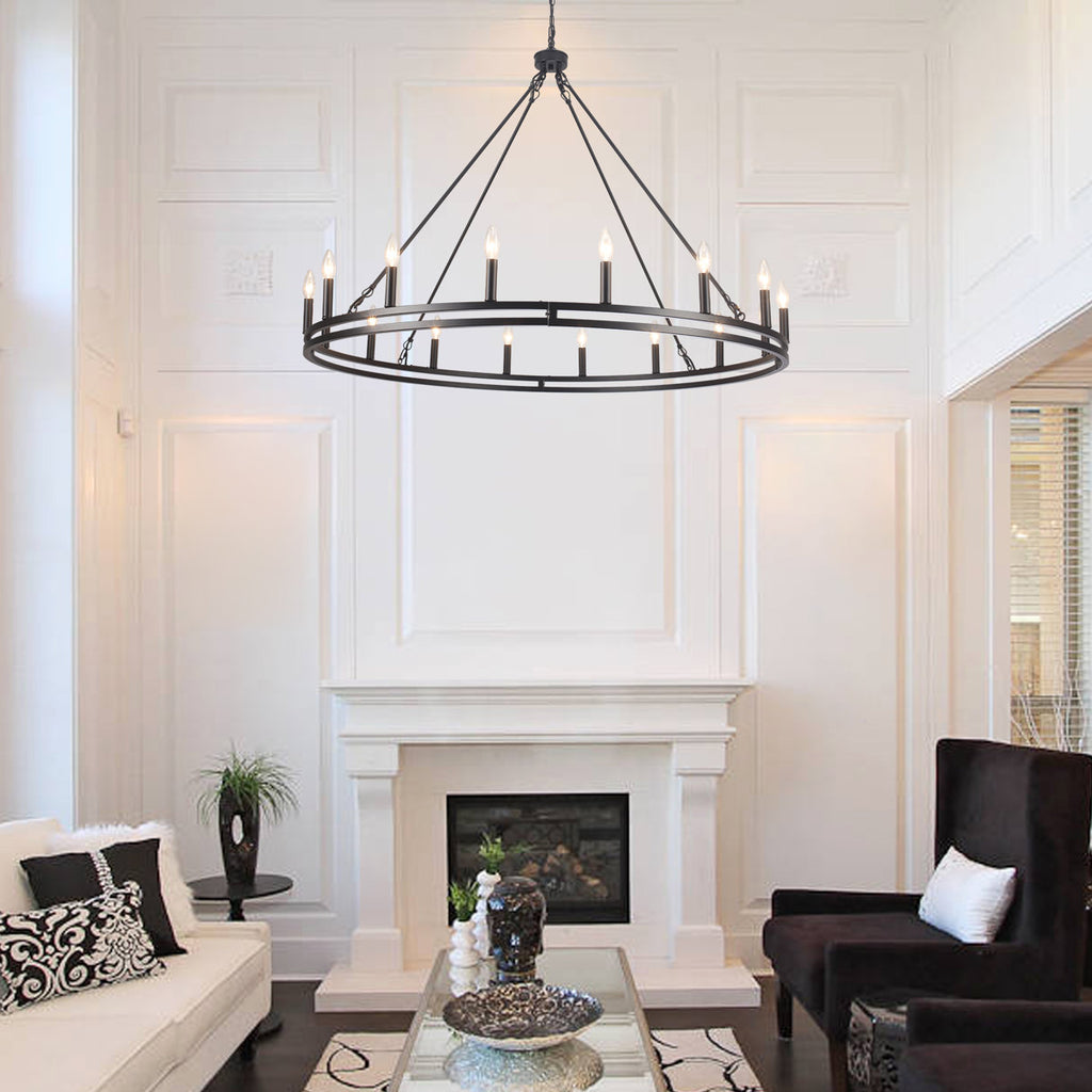 16-Light 47" Dimmable Double Ring Wagon Whee Chandelier - Industrial Vintage Chandelier for Kitchen Island, Dining Room, Living Room