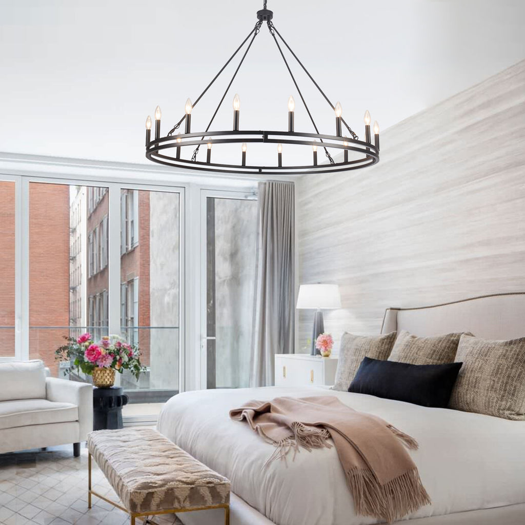 16-Light 47" Dimmable Double Ring Wagon Whee Chandelier - Industrial Vintage Chandelier for Kitchen Island, Dining Room, Living Room