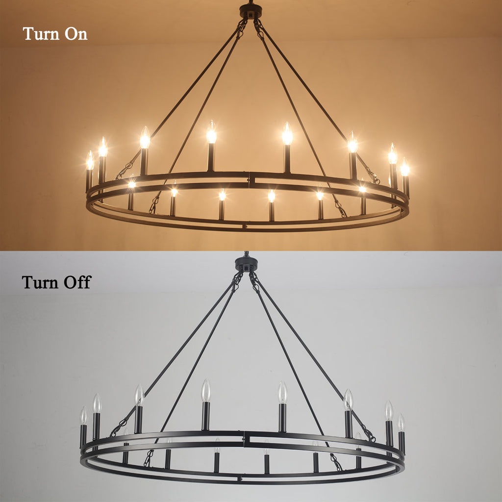 16-Light 47" Dimmable Double Ring Wagon Whee Chandelier - Industrial Vintage Chandelier for Kitchen Island, Dining Room, Living Room