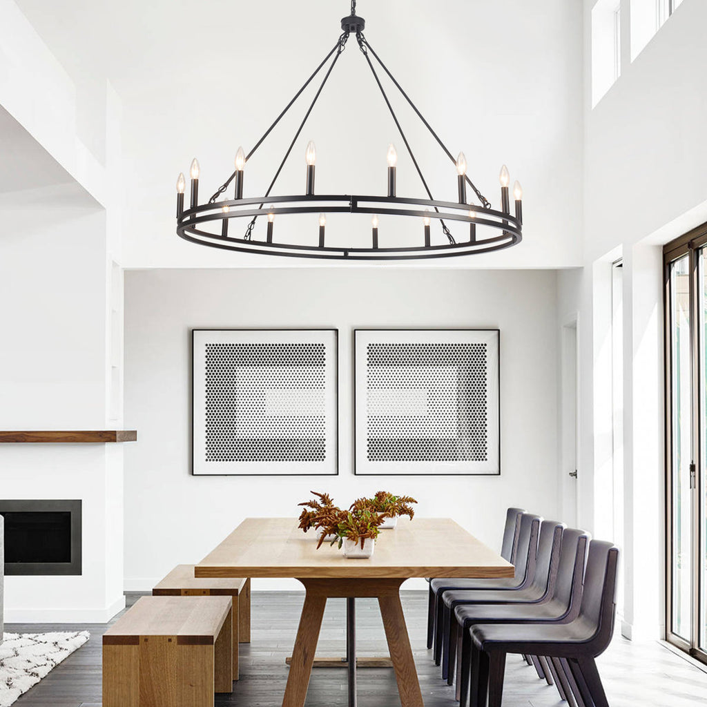 16-Light 47" Dimmable Double Ring Wagon Whee Chandelier - Industrial Vintage Chandelier for Kitchen Island, Dining Room, Living Room