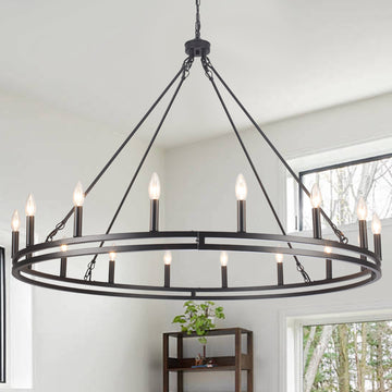 16-Light 47" Dimmable Double Ring Wagon Whee Chandelier - Industrial Vintage Chandelier for Kitchen Island, Dining Room, Living Room