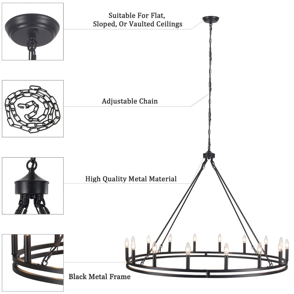 16-Light 47" Dimmable Double Ring Wagon Whee Chandelier - Industrial Vintage Chandelier for Kitchen Island, Dining Room, Living Room
