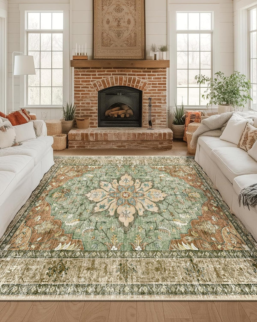 Area Rugs Washable Non-Slip, Floral Vintage Distress Print Pattern Medallion Carpet for Living Room Bedroom Dining Room