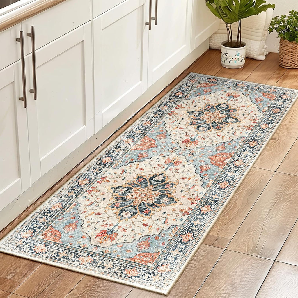 Area Rugs Washable Non-Slip, Floral Vintage Distress Print Pattern Medallion Carpet for Living Room Bedroom Dining Room