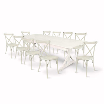 White Distressed X-Leg Farm Table Dining Set with 10 Chairs