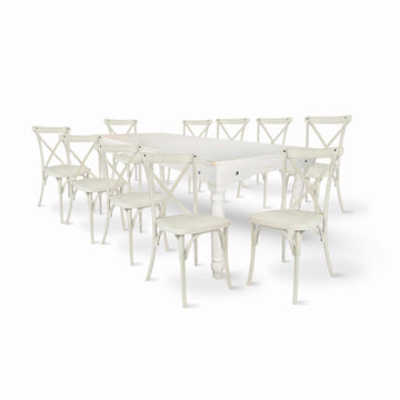 White Distressed Fluted Leg Farm Table Dining Set with 10 Chairs