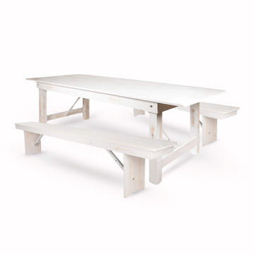 White Distressed Straight Leg Farm Table Dining Set with 2 Benches