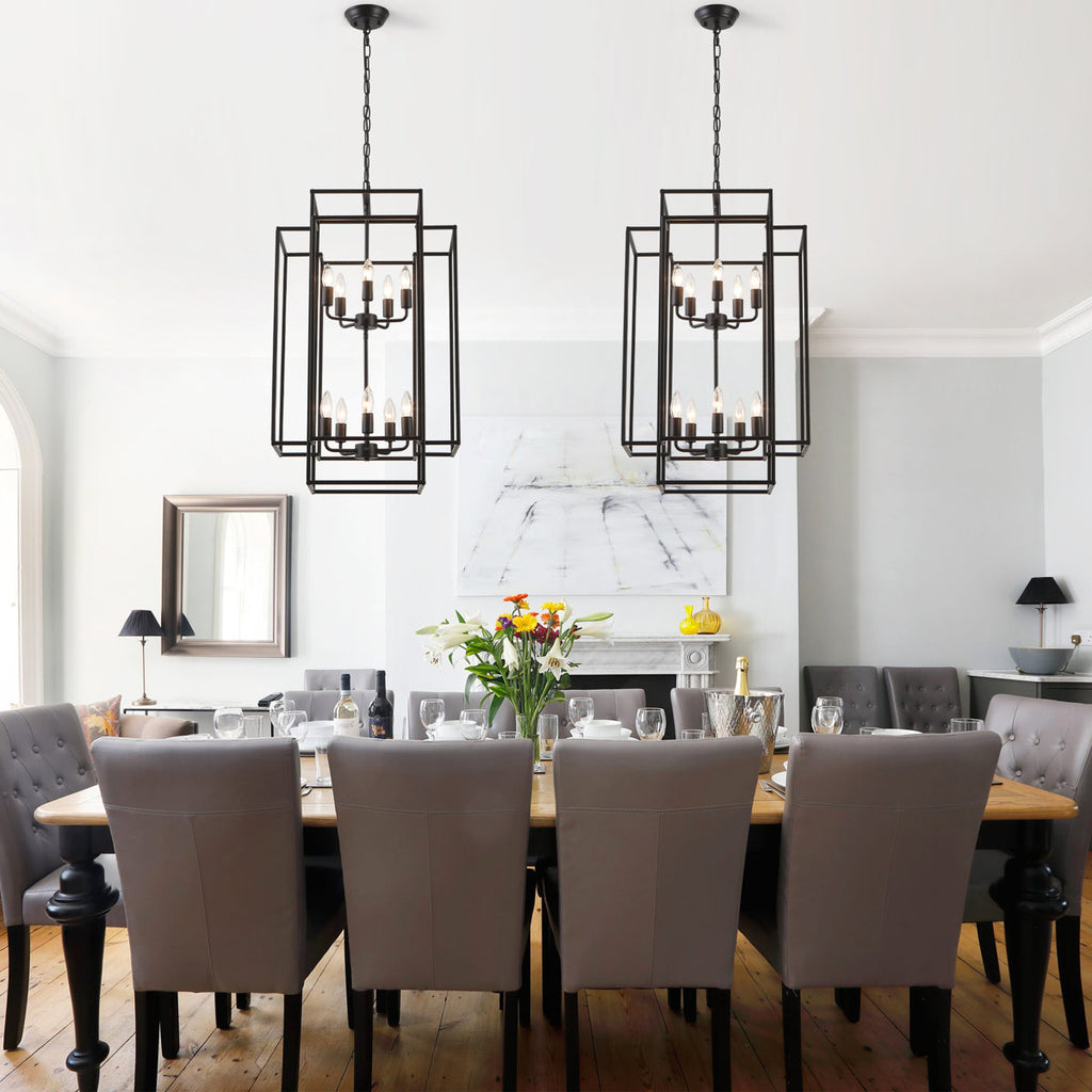 2-Tiers Large 10-Light Dimmable Farmhouse Lantern Square/Rectangle Chandelier