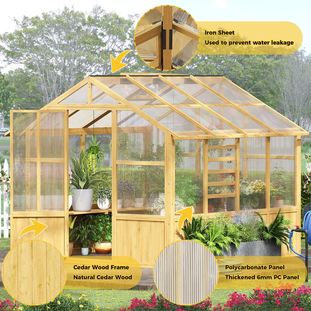 8x8 FT Outdoor Wooden Walk-In Greenhouse, Heavy Duty Cedar Frame with Polycarbonate Panels & Adjustable Roof Vents
