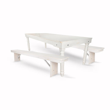White Distressed Fluted Leg Farm Table Dining Set with 2 Benches