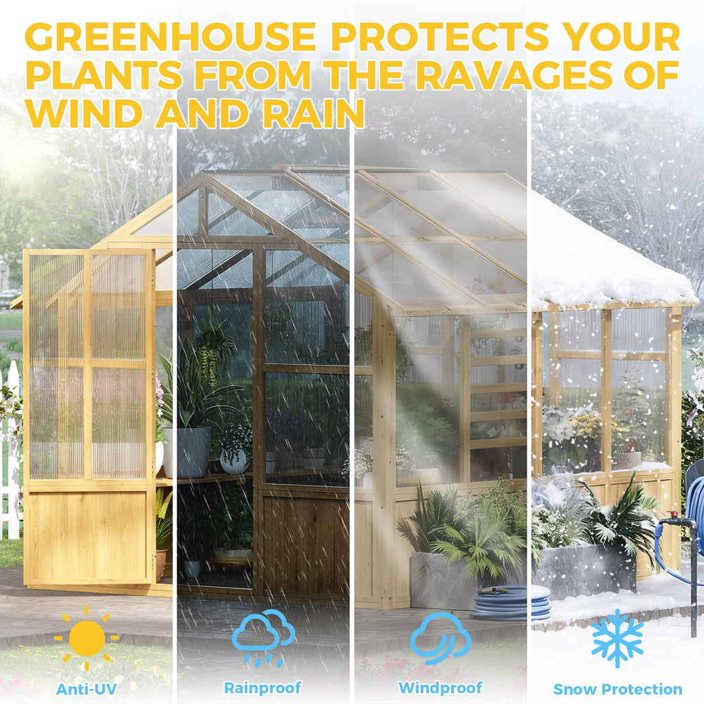 8x8 FT Outdoor Wooden Walk-In Greenhouse, Heavy Duty Cedar Frame with Polycarbonate Panels & Adjustable Roof Vents