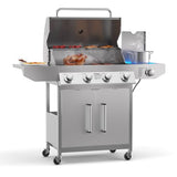 4-Burner Propane Gas Grill with Side Burner, 58,000 BTU Stainless Steel Grill with Cast Iron Grates and Built-In Thermometer for Patio and Backyard