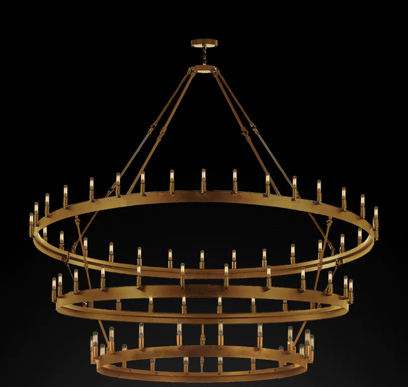 Inspired Camino Style Chandelier – Three Tier Wagon Wheel, Wrought Iron Vintage Barn Metal Rustic Industrial Lighting, W63" x H75"