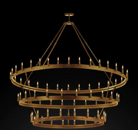 Inspired Camino Style Chandelier – Three Tier Wagon Wheel, Wrought Iron Vintage Barn Metal Rustic Industrial Lighting, W63" x H75"