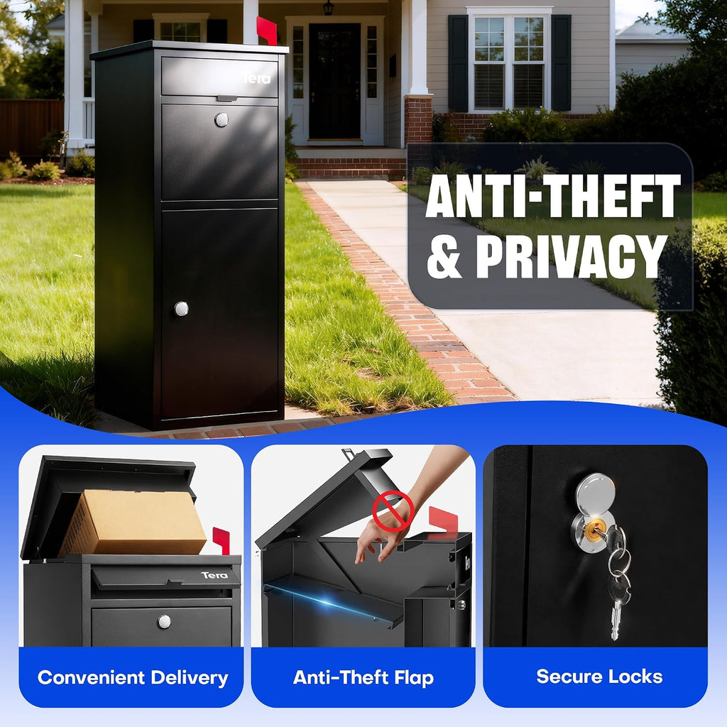 37" Package Delivery Box for Outside - Fully Assembled Galvanized Steel Parcel Drop Box with Lock, Black