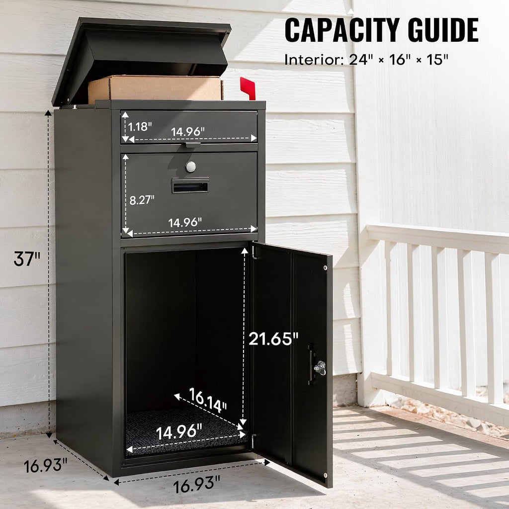 37" Package Delivery Box for Outside - Fully Assembled Galvanized Steel Parcel Drop Box with Lock, Black