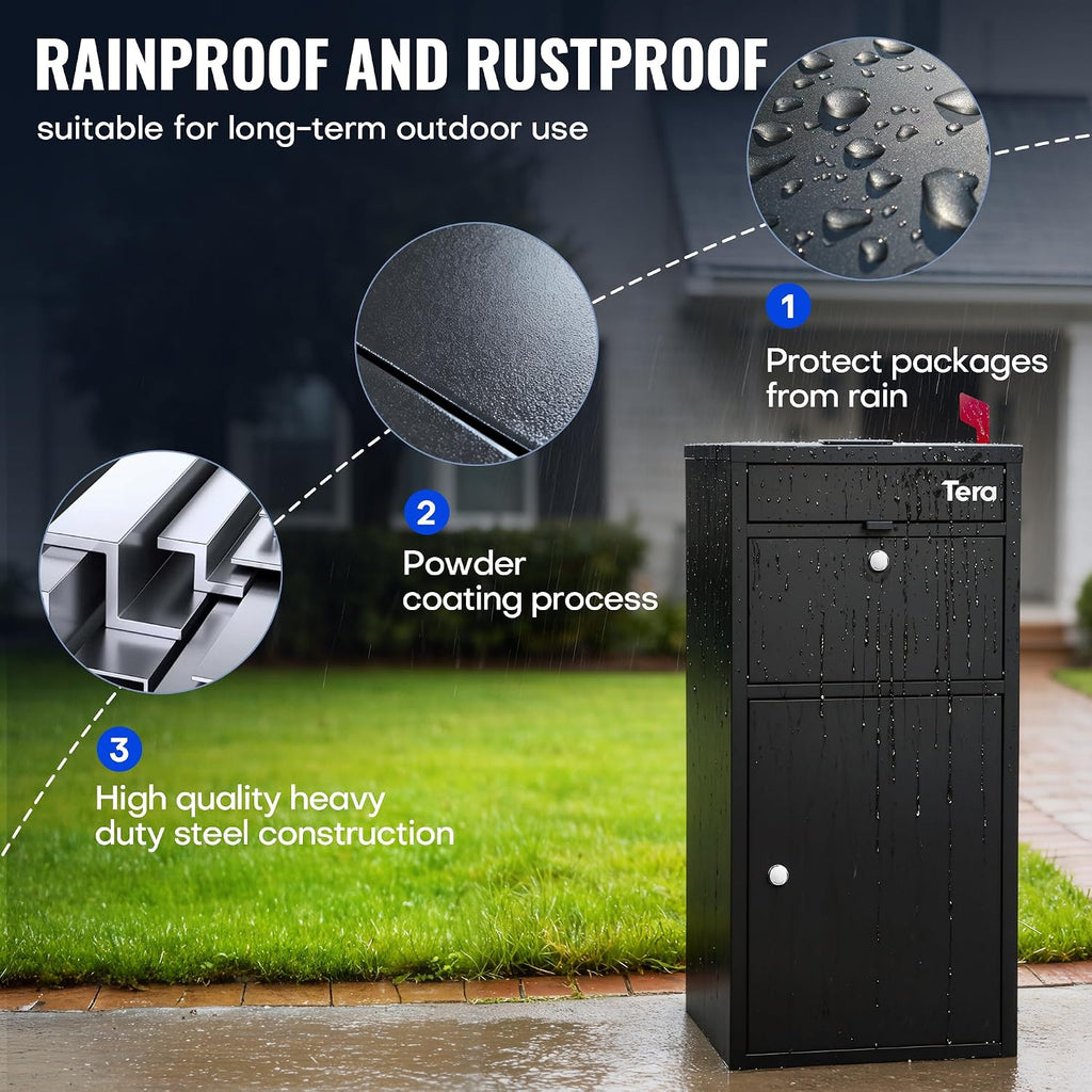 37" Package Delivery Box for Outside - Fully Assembled Galvanized Steel Parcel Drop Box with Lock, Black