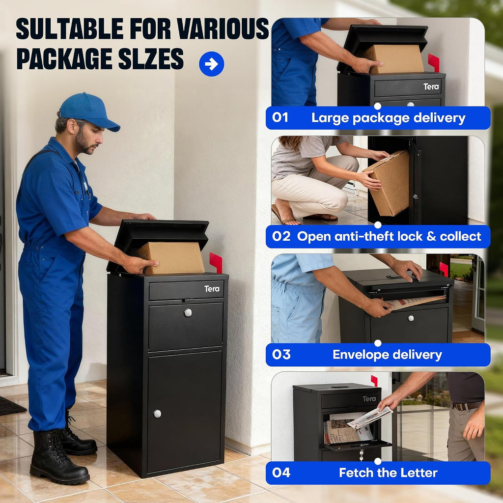 37" Package Delivery Box for Outside - Fully Assembled Galvanized Steel Parcel Drop Box with Lock, Black