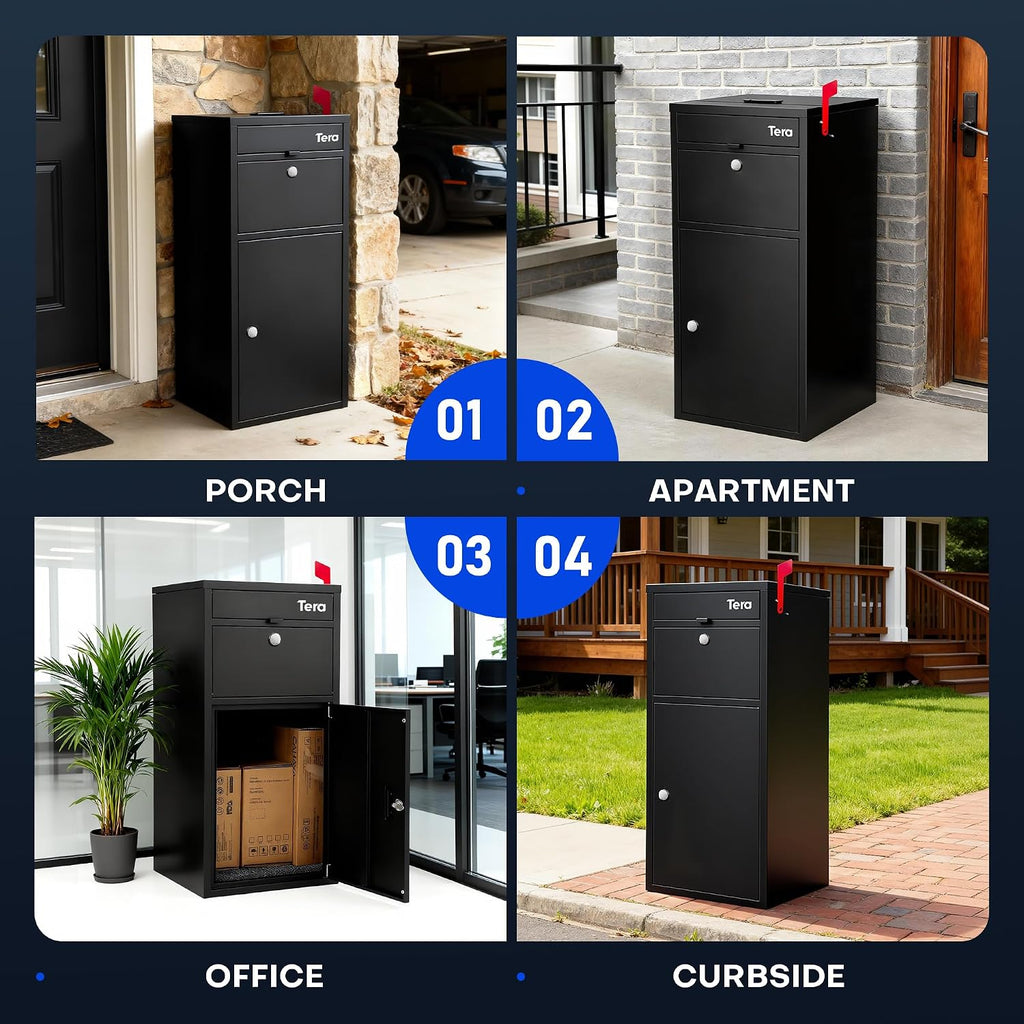 37" Package Delivery Box for Outside - Fully Assembled Galvanized Steel Parcel Drop Box with Lock, Black