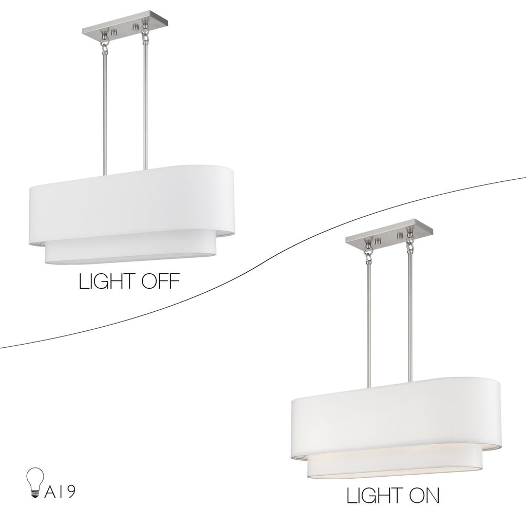 3 Light Bronze Medium Linear Chandelier With Hand Crafted Off-White Hardback Shades