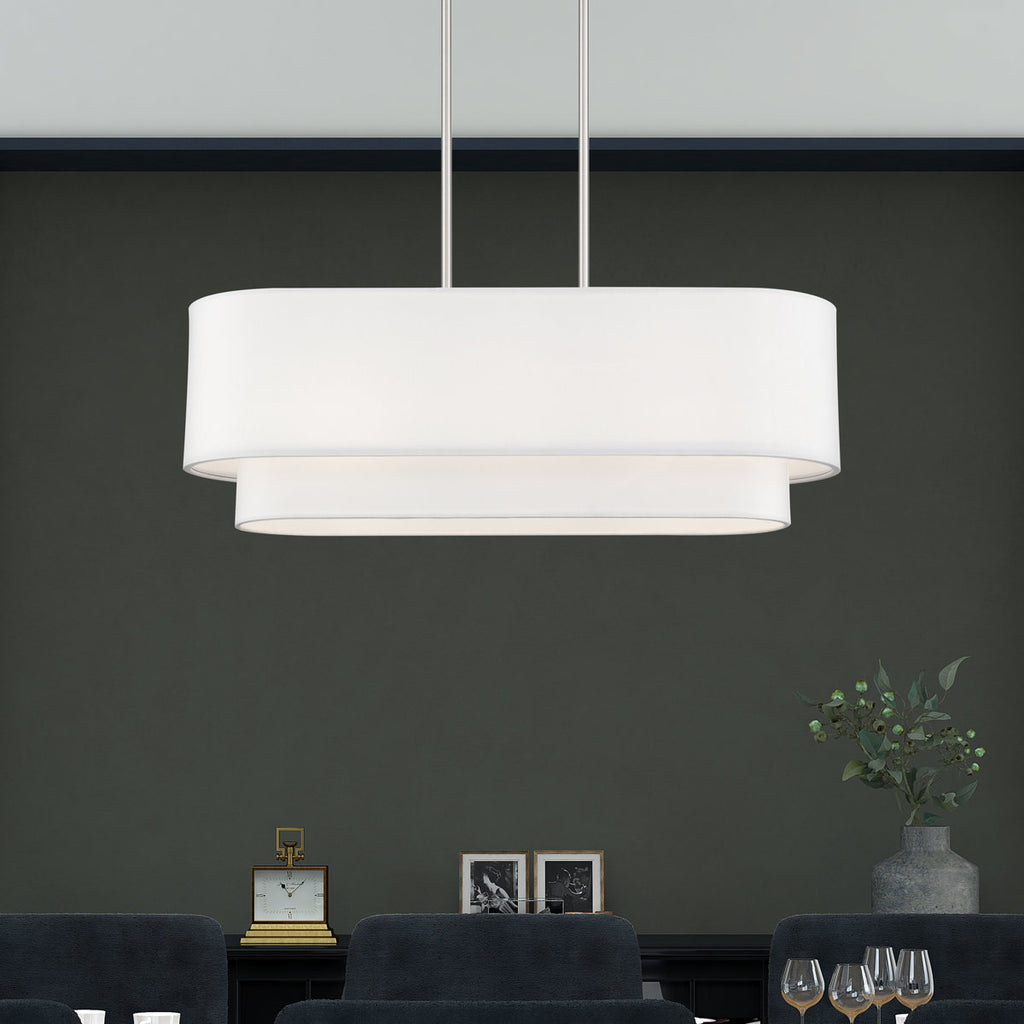 3 Light Bronze Medium Linear Chandelier With Hand Crafted Off-White Hardback Shades