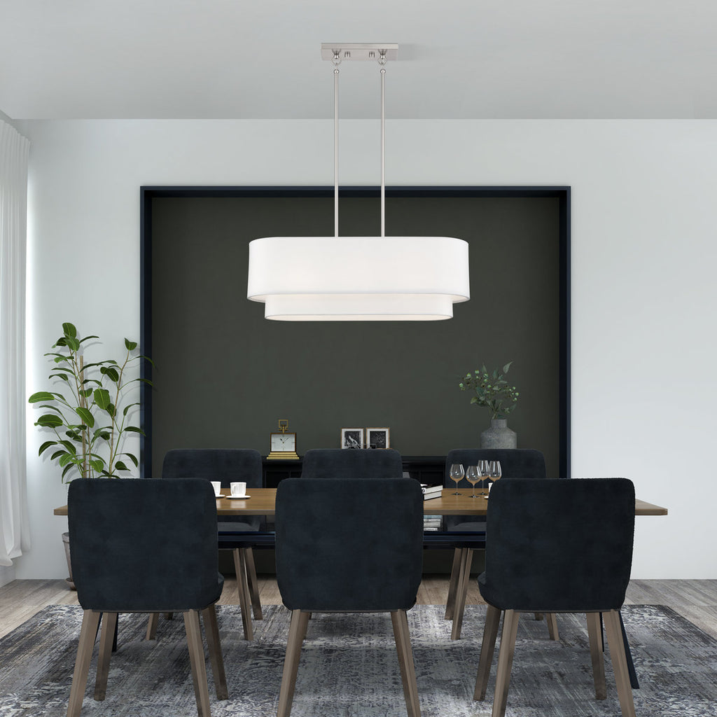 3 Light Bronze Medium Linear Chandelier With Hand Crafted Off-White Hardback Shades