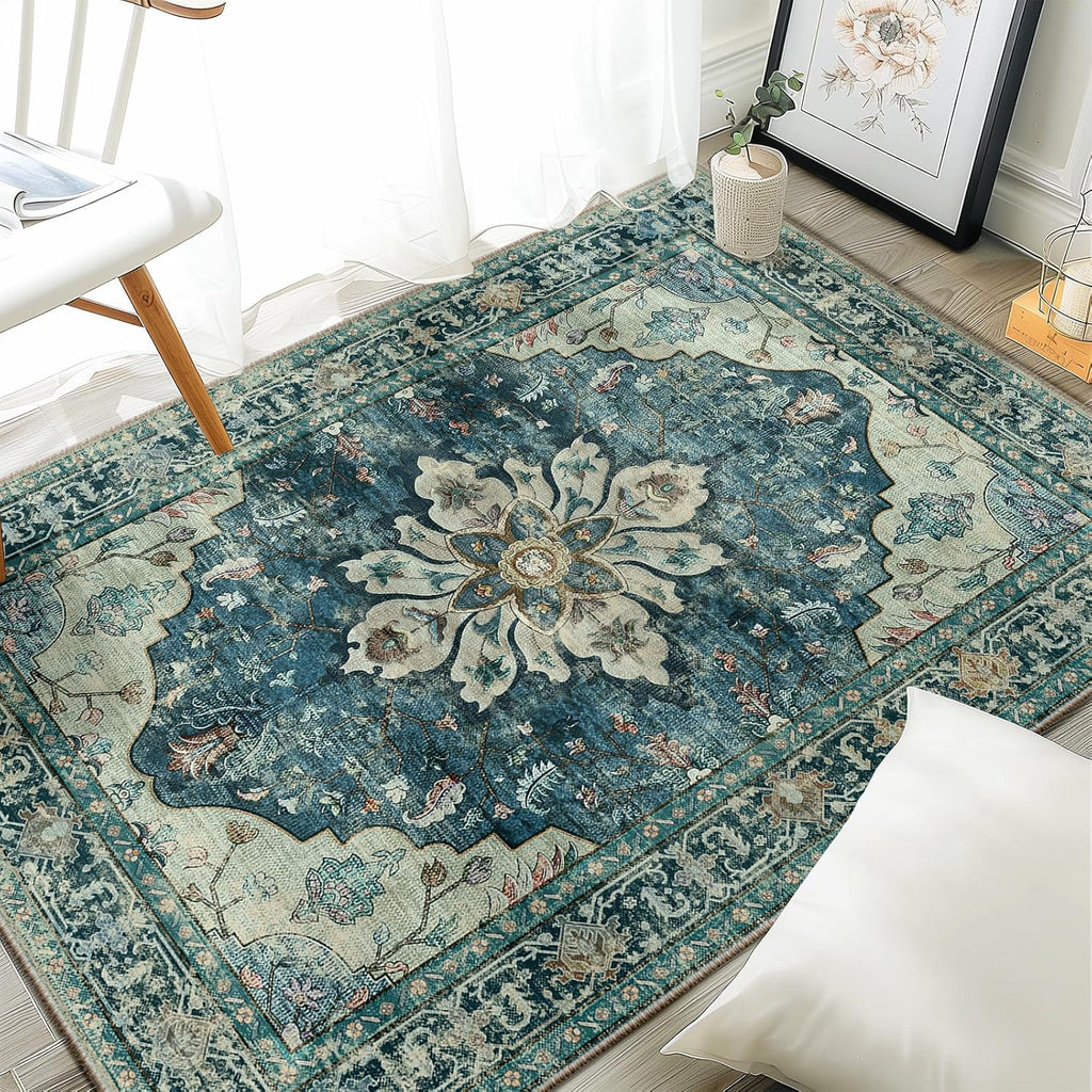 Area Rugs Washable Non-Slip, Floral Vintage Distress Print Pattern Medallion Carpet for Living Room Bedroom Dining Room