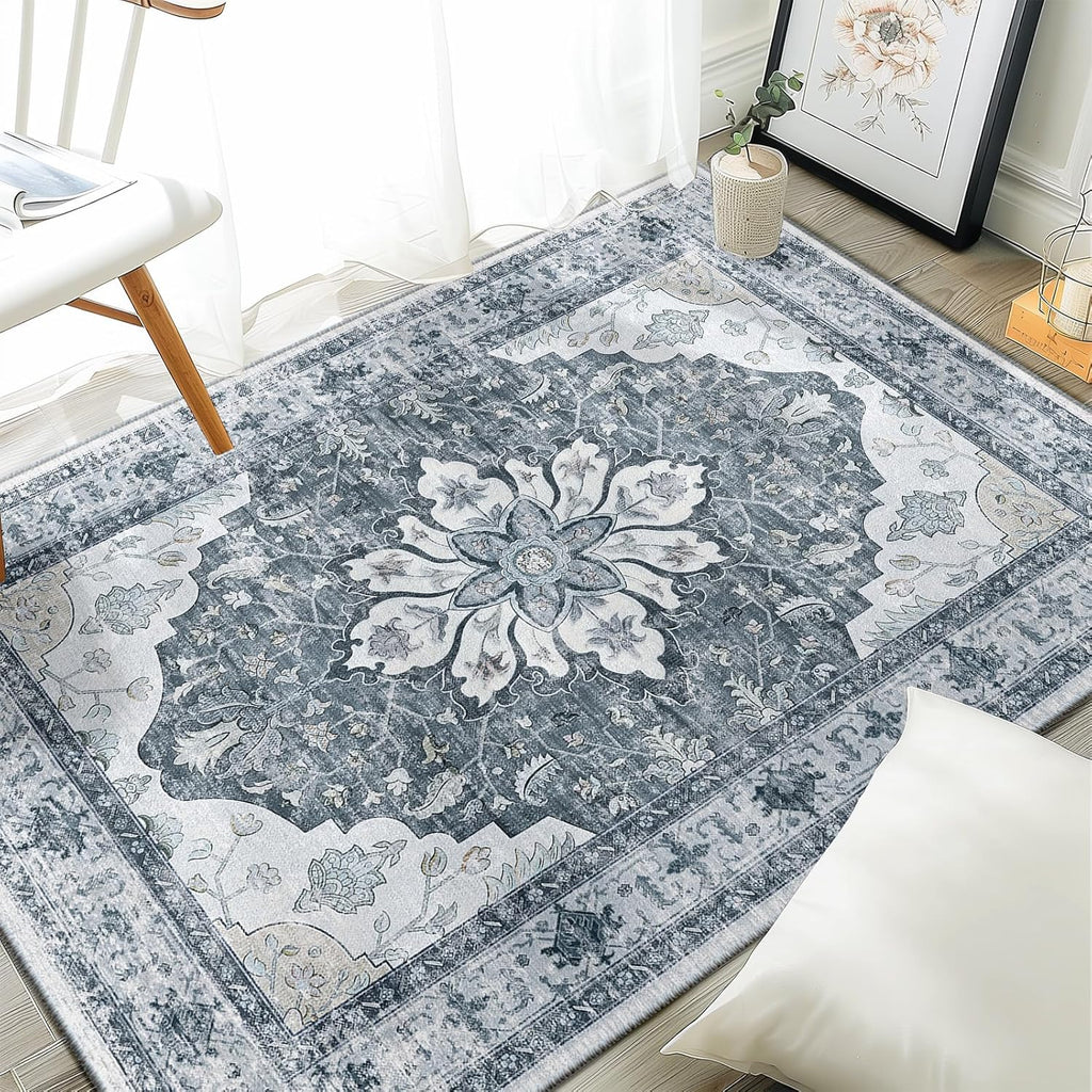 Area Rugs Washable Non-Slip, Floral Vintage Distress Print Pattern Medallion Carpet for Living Room Bedroom Dining Room