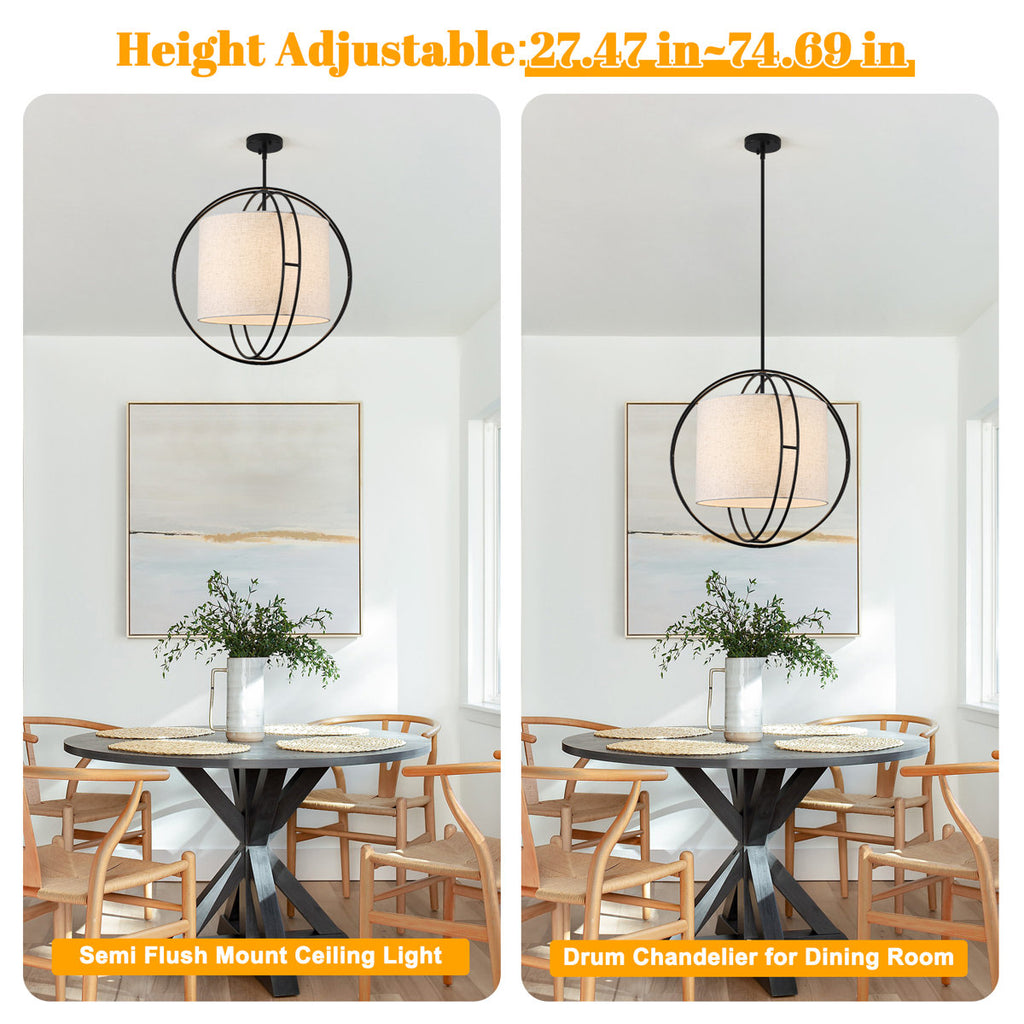4-Light 20 Inch Boho Drum Chandelier With Fabric Shade Modern Pendant Light Fixture For Kitchen, Living Room, Dining Room, Bedroom, And Foyer