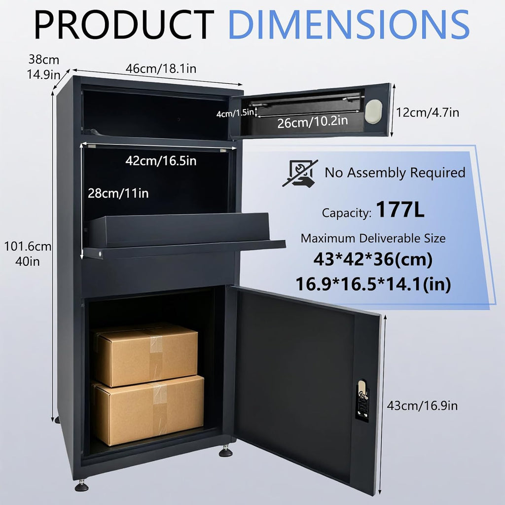 40" Large Package Delivery Box for Outside - Lockable Steel Parcel Drop Box with Mail Slot, 177L, Black