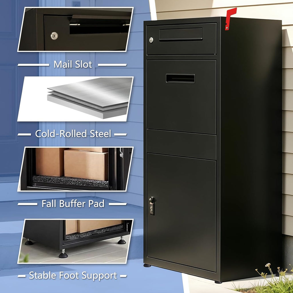 40" Large Package Delivery Box for Outside - Lockable Steel Parcel Drop Box with Mail Slot, 177L, Black