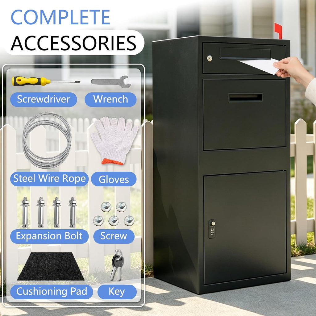 40" Large Package Delivery Box for Outside - Lockable Steel Parcel Drop Box with Mail Slot, 177L, Black