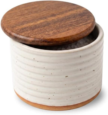 Ceramic Salt Cellar with Acacia Wood Lid & Natural Clay Base