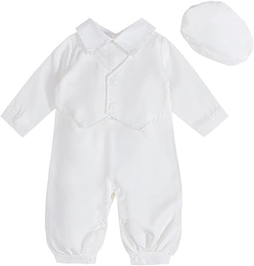 Baby Boy Baptism Christening Outfit White Jumpsuit Romper & Beret Hat for Infant Toddler Kids Bautizo