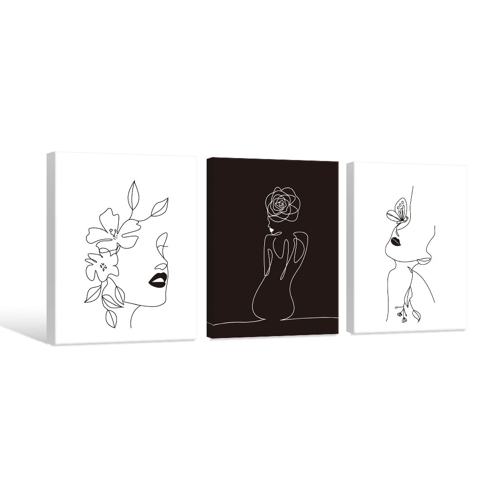 Minimalist Line Art Prints Set of 3 Abstract Women Faces Flower Wall Art Black and White Line Drawing Painting Modern